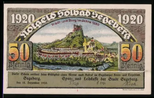 Notgeld Segeberg 1920, 50 Pfennig, Stadt und Burg im Jahre 1580, Ortsansicht mit Kirche