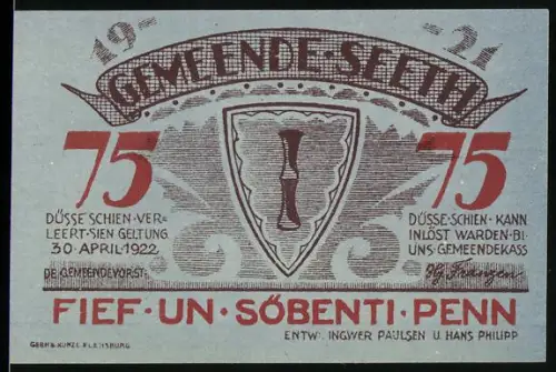 Notgeld Seeth 1921, 75 Pfennig, Wappen und ländliche Szene mit Paar vor Fachwerkhaus