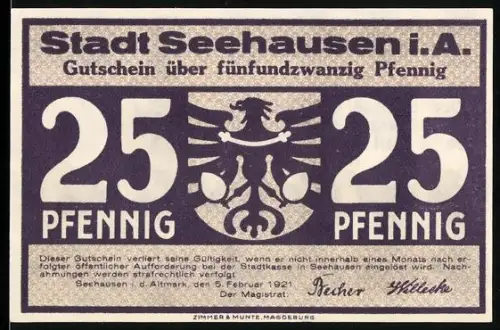 Notgeld Seehausen i. A. 1921, 25 Pfennig, Wappen und Stadttor mit Gebäuden und Brücke
