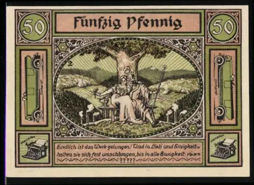 Notgeld Zella-Mehlis /Thüringerwald 1921, 50 Pfennig, zwei Porträts und Landschaft mit Baum und sitzender Frau