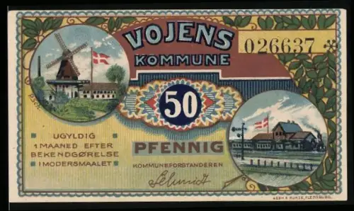 Notgeld Vojens, 50 Pfennig, Windmühle und Gebäude mit dänischer Flagge, Landschaft mit Löwenornamenten