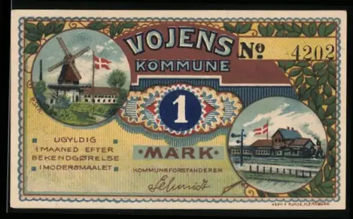 Notgeld Vojens, 1 Mark, Windmühle und Bahnhofsmotiv, Landschaft mit Sonnenstrahlen und Löwenwappen