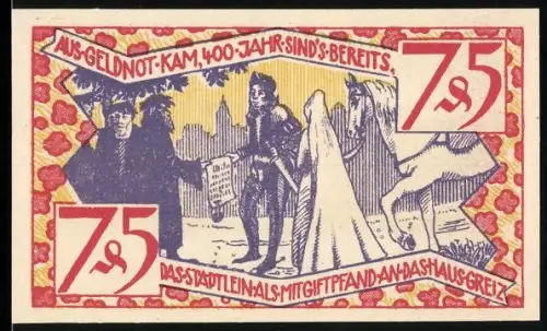 Notgeld Zeulenroda 1921, 75 Pfennig, historische Szene und Stadtwappen mit Löwe