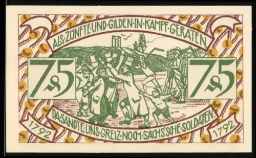 Notgeld Zeulenroda 1921, 75 Pfennig, Zünfte und Gilden im Kampf, Löwenwappen