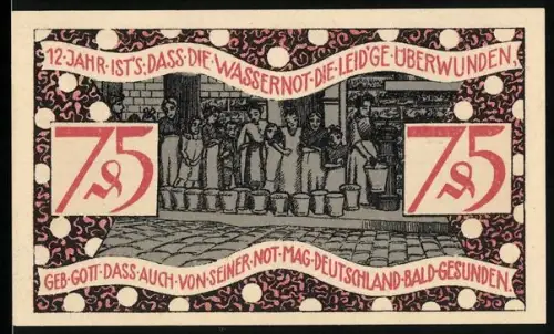 Notgeld Zeulenroda 1921, 75 Pfennig, Menschen mit Wassereimern und Stadtwappen mit Löwe
