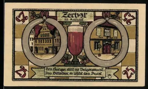 Notgeld Zerbst in Anhalt 1921, 25 Pf, Fachwerkhäuser und Bierglas, Wappen mit Türmen und Figuren