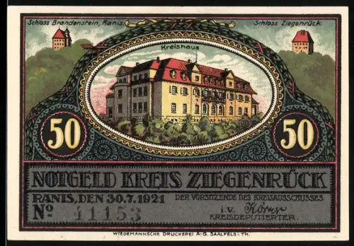 Notgeld Ziegenrück 1921, 50 Pf., Kreishaus und Saaletalsperre mit Karte