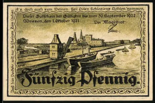 Notgeld Wriezen 1921, 50 Pfennig, Hafenansicht und Engel mit Wappen