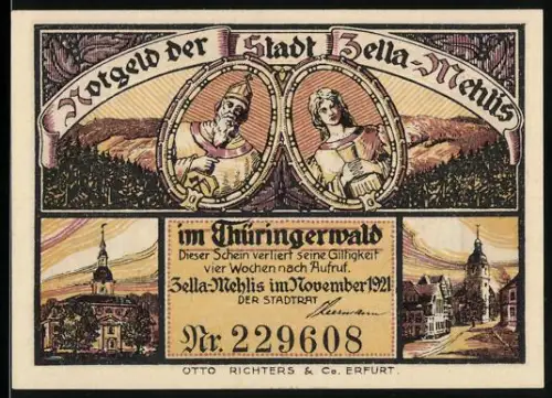 Notgeld Zella-Mehlis /Thüringerwald 1921, 50 Pfennig, mittelalterliches Paar und Szene mit zwei Figuren unter Baum
