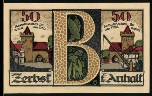 Notgeld Zerbst i. Anhalt 1921, 50 Pf, Stadtansichten und Stadtwappen mit Toren und Figuren