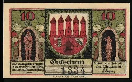 Notgeld Zerbst in Anhalt 1921, 10 Pf, Stadtansichten und Wappen mit fünf Türmen