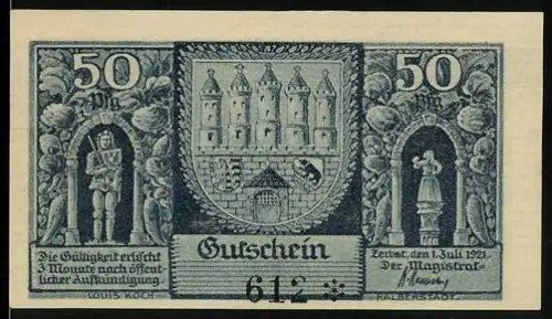 Notgeld Zerbst i. Anhalt 1921, 50 Pfennig, Burgtor mit Wappen, Altes und Neues Rathaus