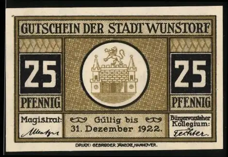 Notgeld Wunstorf 1922, 25 Pfennig, Stadtwappen und Lange Strasse mit Stadtkirche