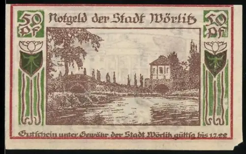 Notgeld Wörlitz, 50 Pf, Schloss mit Pfau und Flusslandschaft
