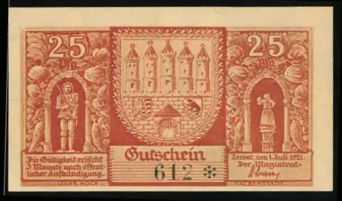 Notgeld Zerbst i. Anhalt 1921, 25 Pfennig, Burgtor und historische Gebäude