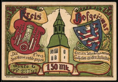 Notgeld Hofgeismar, 1,50 Mark, Kirchturm und Landschaft mit Ochsenkarren, Wappen von Hessen und Kanone