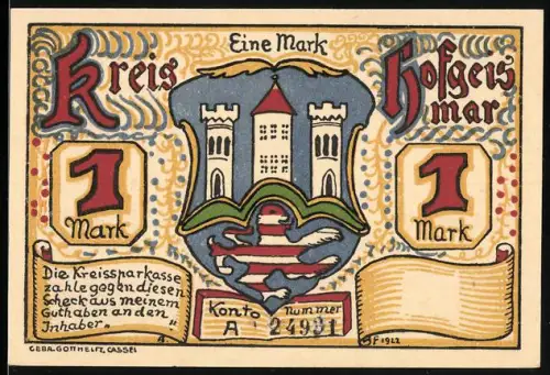 Notgeld Hofgeismar 1921, 1 Mark, Wappen mit Burg und Ortsansicht
