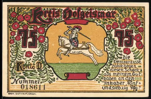 Notgeld Hofgeismar, 75 Pfennig, Ritter auf Pferd und Ortsansicht Webernstein