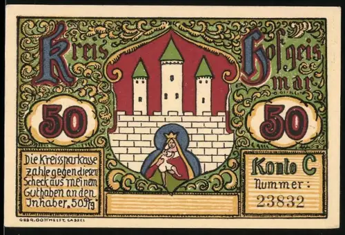 Notgeld Hofgeismar, 50 Pfennig, Burg mit Türmen und Madonna, Ansicht von Trendelburg mit Wappen