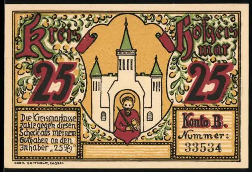 Notgeld Hofgeismar, 25 Pfennig, Kirche und Heiligenbild, Ortsansicht von Helmershausen und Krockenburg