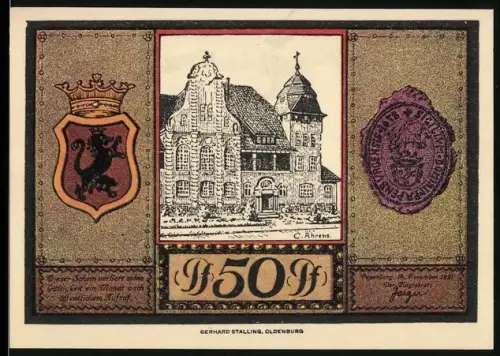 Notgeld Papenburg 1921, 50 Pf, Rathaus und Segelschiff mit Spruchband