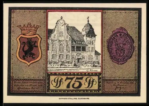 Notgeld Papenburg 1921, 75 Pf, Kirche und Segelschiff