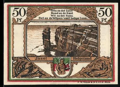 Notgeld Helgoland 1919, 50 Pf, Küstenklippen und Wappen der Insel Helgoland