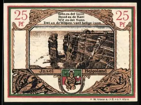 Notgeld Helgoland 1914, 25 Pf, Küstenlandschaft und Wappen