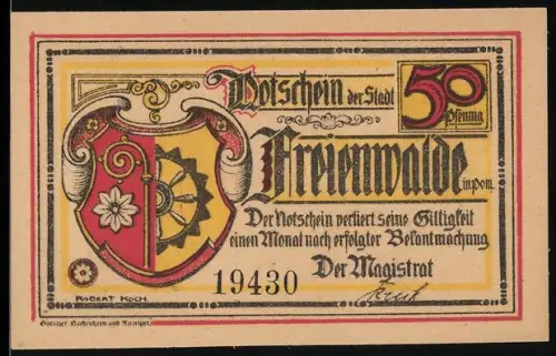 Notgeld Freienwalde i. Pom. 1921, 50 Pfennig, Wappen und Verleihung des Bürgerrechts 1538
