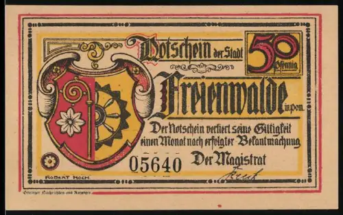 Notgeld Freienwalde i. Pom., 50 Pfennig, Wappen und historische Belagerungsszene von 1627