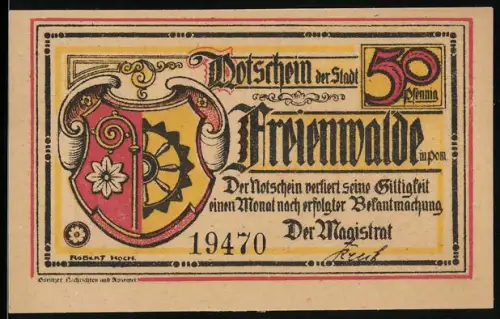 Notgeld Freienwalde in Pommern, 50 Pfennig, Wappen und historische Szene mit Schützengilde von 1675