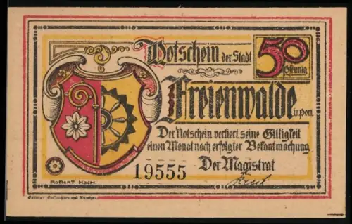 Notgeld Freienwalde i. Pom., 50 Pfennig, Wappen und historische Szene mit Pferd und Mühle