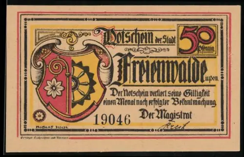 Notgeld Freienwalde in Pom. 1921, 50 Pfennig, Wappen und historische Szene mit Schützengilde