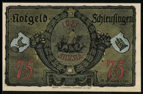 Notgeld Schleusingen 1921, 75 Pfennig, Silvasiabild und Statue auf Sockel mit Ortsansicht