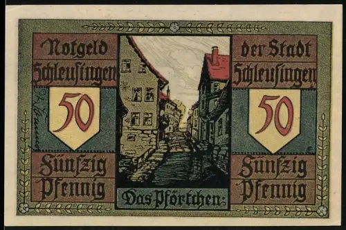Notgeld Schleusingen 1921, 50 Pfennig, Ortsansicht und historische Szene mit Kämpfer