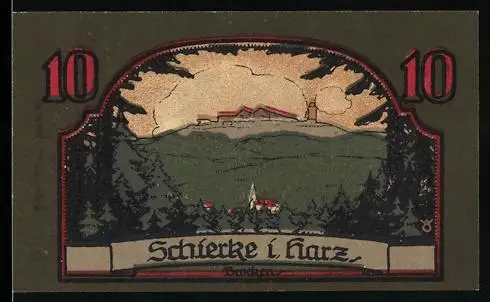 Notgeld Schierke i. Harz 1921, 10 Pfennig, Landschaft und Goethe-Silhouette