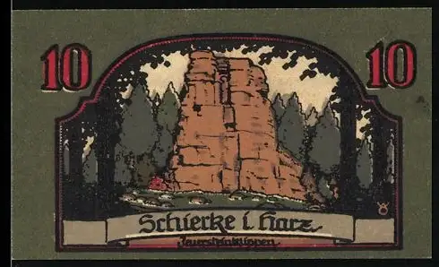 Notgeld Schierke i. Harz 1921, 10 Pfennig, Felsformation und Goethe-Motiv