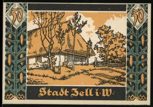 Notgeld Zell i. W. 1921, 50 Pfennig, Fachwerkhaus und dekorative Schrift mit Wappen