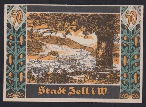 Notgeld Zell i. W. 1921, 50 Pfennig, Ortsansicht mit Baum und Wappen