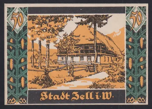 Notgeld Zell i.W. 1921, 50 Pfennig, Bauernhaus und Wappen
