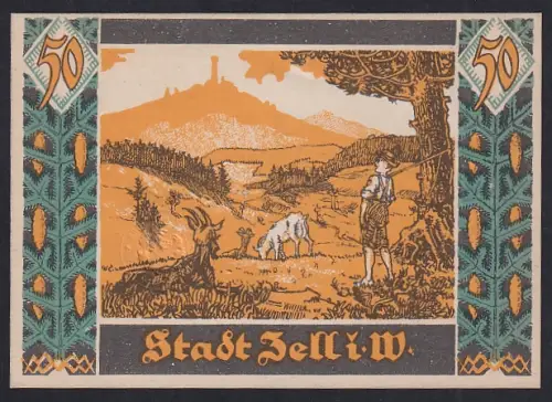 Notgeld Zell i.W. 1921, 50 Pfennig, Landschaft mit Jäger und Ziegen, Wappen von Zell
