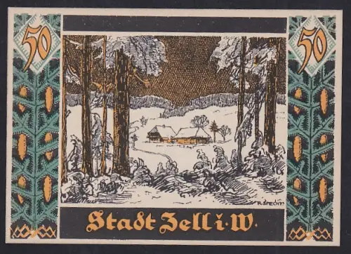Notgeld Zell i.W. 1921, 50 Pfennig, Winterlandschaft mit Bauernhof und Wappen