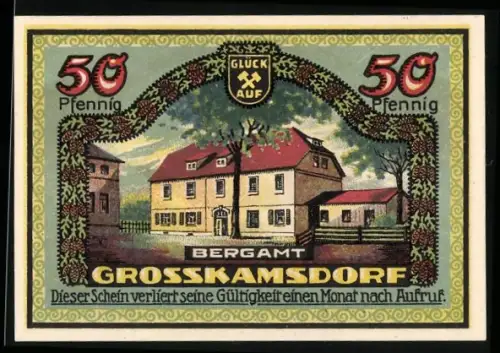 Notgeld Grosskamsdorf 1921, 50 Pfennig, Bergamt und Kreishaus mit Schlössern