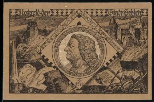 Notgeld Schleiz 1921, 50 Pfennig, Porträt und Ortsansicht mit Wappen