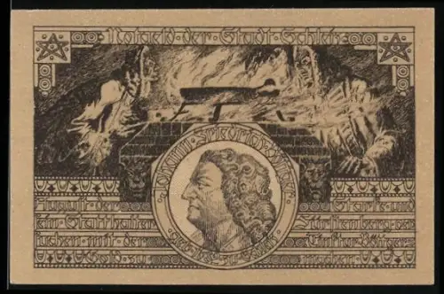 Notgeld Schleiz 1921, 50 Pfennig, Porträt und brennender Altar, Wappen mit Büffel