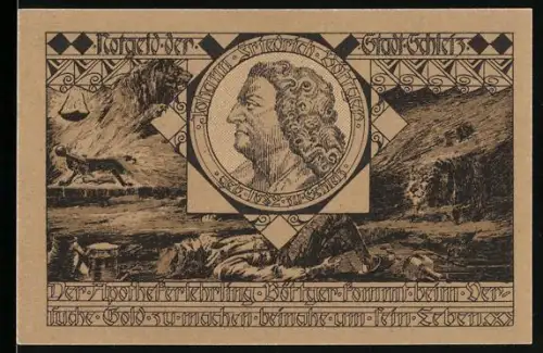 Notgeld Schleiz 1921, 50 Pfennig, Porträt und Landschaftsszene, Wappen mit Stier