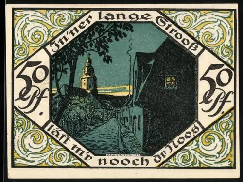 Notgeld Scheibenberg 1921, 50 Pfennig, Ortsansicht und Bergmann mit Schaufel und Axt