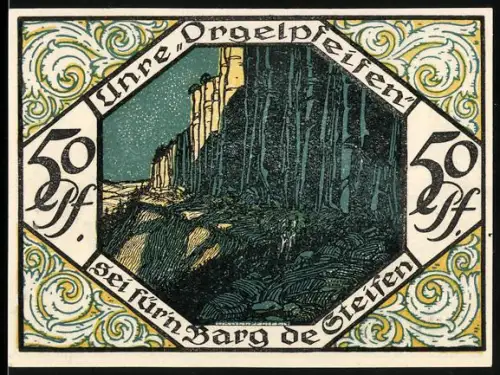 Notgeld Scheibenberg 1921, 50 Pfennig, Bergmann und Landschaft mit Orgelpfeifen-Formation