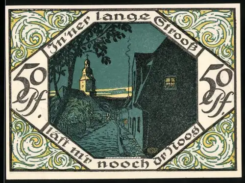 Notgeld Scheibenberg 1921, 50 Pfennig, Ortsansicht und Bergmann mit Schaufel