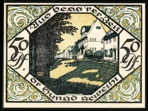Notgeld Scheibenberg 1921, 50 Pfennig, Ortsansicht und Bergmann mit Werkzeugen